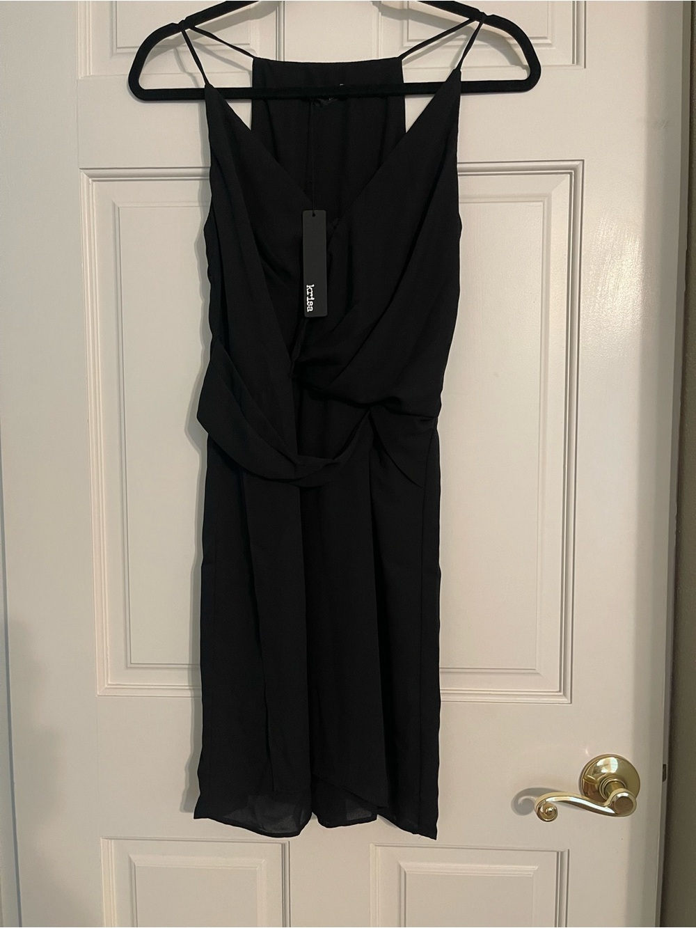 Krisa Elegant Black Mini Dress with Draped Front and Spaghetti Straps